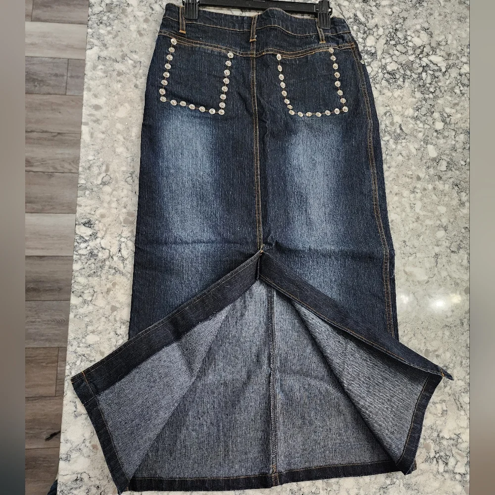 Studded Dark Blue Maxi Denim Skirt